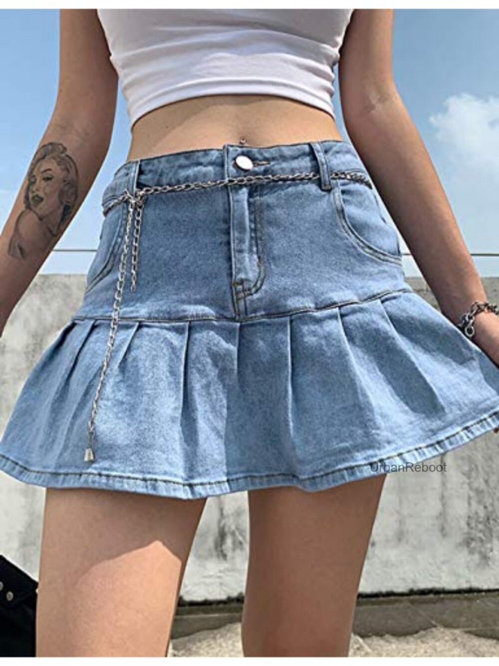 Women's Pleated Jean Skirt A-Line Ruffle Y2K Mini Denim Skort with Built-In - Picture 2 of 6